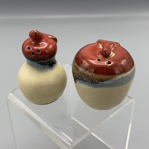 Vtg Studio Pottery Apple and Pear Salt and Pepper Shakers Glazed Red Blue Brown